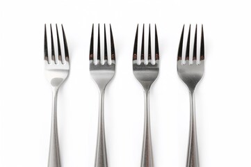 Set of four plastic forks on a white surface with ample space