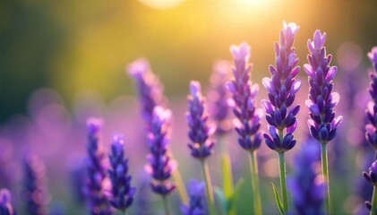 Obraz premium Close-up of vibrant purple lavender flowers, bathed in soft sunlight, evoking tranquility and spiritual calm Perfect for meditation, aromatherapy, and wellness themes , field, natural, beauty