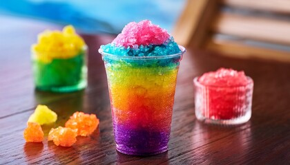 colorful crushed ice slushy drink in a glass cup