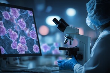 Focused female scientist analyzing cells under microscope in laboratory research