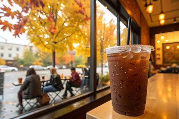 Autumn Cafe Scene with Iced Coffee, Outdoor Seating and Warm Atmosphere
