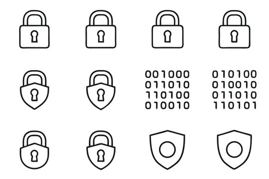 Collection of lock and shield icons with binary code elements security protection