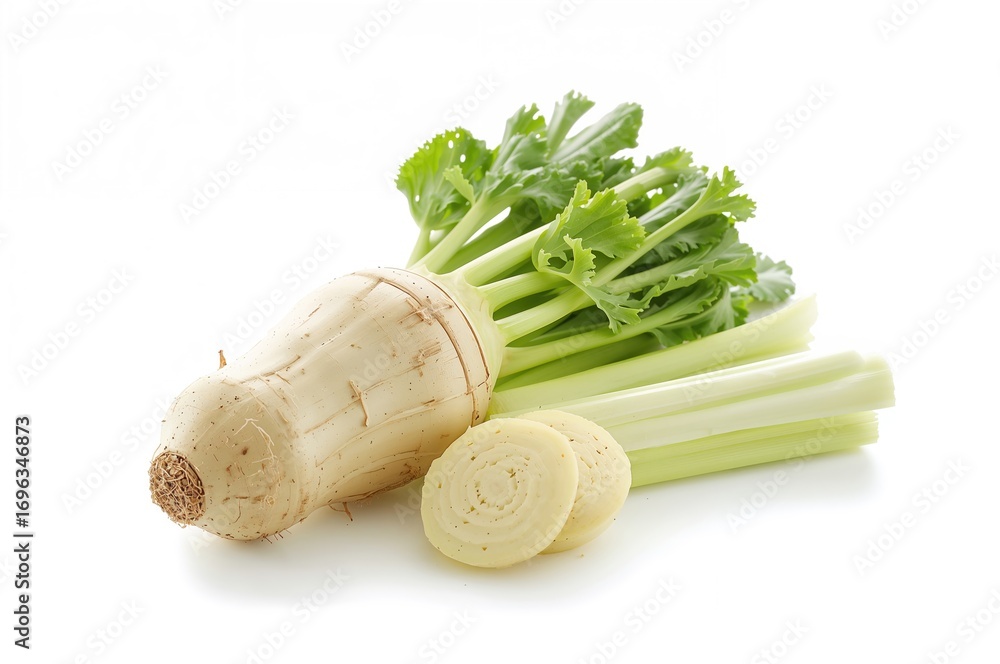 Poster isolated fresh celeriac with celery stalks and a slice on a white surface