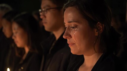 Sad woman cries at candlelight vigil showing grief loss this is a very emotional and dramatic memorial service this is a great moment of shared sorrow this is a deep emotion