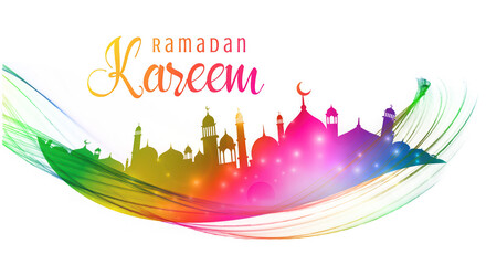 Ramadan kareem text with colorful mosque silhouette and abstract wavy lines isolated on transparent background