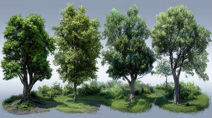 Fototapeta premium A cluster of trees growing together on a green lawn surrounded by a lake