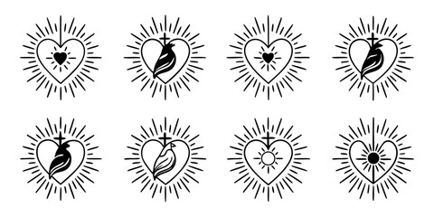Sacred Heart Symbols Collection with Rays.