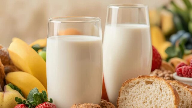 Fresh glass of milk with bread fruit and nut breakfast wooden table banana strawberry raspberry walnut creating cozy natural light glow rustic textures and playful lightning arrester contrast evoking
