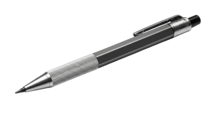 A well-worn dark gray industrial mechanical pencil with black graphite lead and matte silver grip on transparent, soft studio light, concept of robust engineering and functional elegance