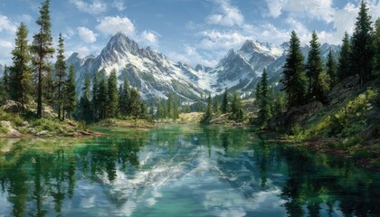 Mountain lake reflecting a blue sky and white clouds. Lush forest surrounds a calm body of water