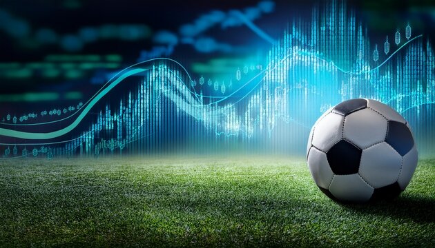 soccer ball on grass with financial data background showcasing sports analytics