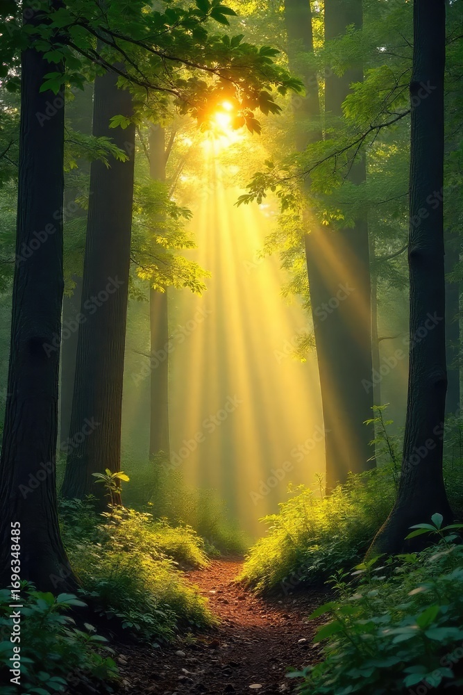 Canvas Prints golden sunbeams pierce through gaps in a lush forest canopy, illuminating the forest floor with dapp