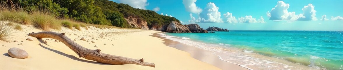 Obraz premium Golden sand meets turquoise water on a pristine, untouched natural beach Sea shells, driftwood, and untouched dunes create a tranquil scene Perfect for travel and nature themes , escape, golden