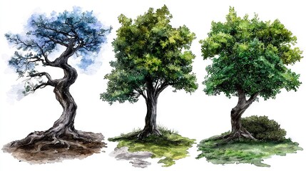Fototapeta premium Three different trees at varying growth stages, on a white backdrop