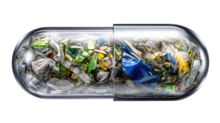 Plastic Pill: A visual metaphor showcasing the plastic waste crisis. A pill filled with plastic waste, this image serves as a striking representation of our planet's environmental struggles.