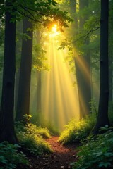 Golden sunbeams pierce through gaps in a lush forest canopy, illuminating the forest floor with dappled light Perfect for nature, tranquility, and serenity themes , natural, earth tones