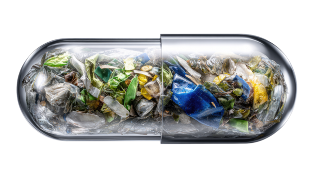 Plastic Pill: A visual metaphor showcasing the plastic waste crisis. A pill filled with plastic waste, this image serves as a striking representation of our planet's environmental struggles.