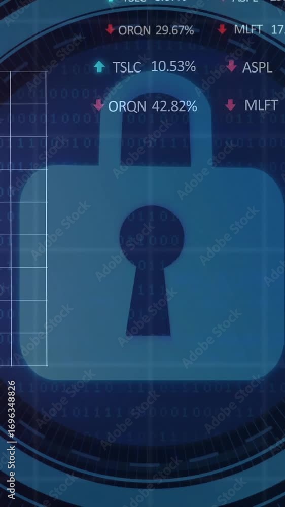 Poster lock icon with stock market data animation over blue circular digital interface