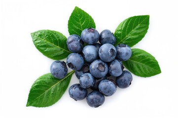 Fresh blueberries accompanied by blueberry leaves on a white backdrop. Overhead perspective.