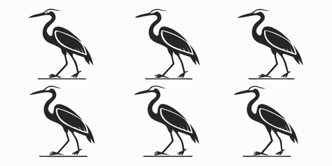 Six Stylized Black Herons on White Background.