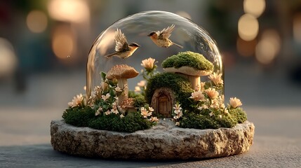 Enchanted mushroom house with birds high resolution image