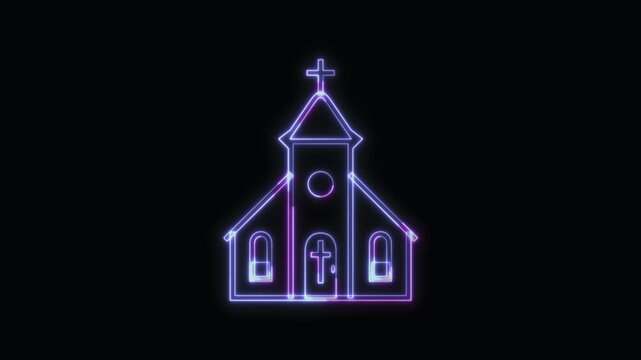  Church Icon Neon Seamless Loop 4K with Black Background Animated Promotional Typography for Video Editing