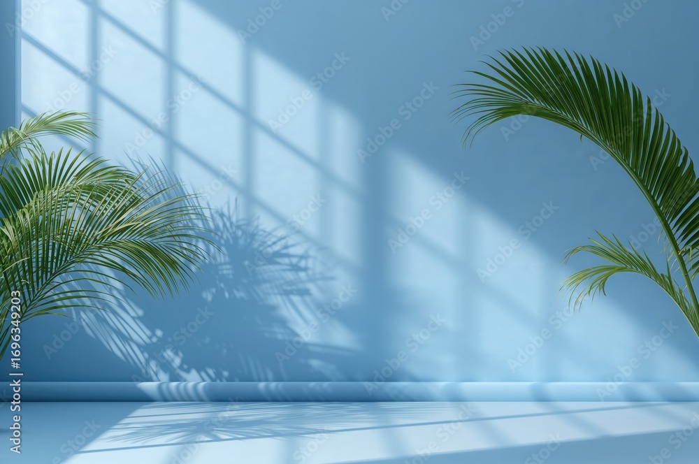 Poster Studio background in blue gradient for showcasing products with shadows of windows, flowers, and palm leaves in an empty space. Summer event with a blurred setting.