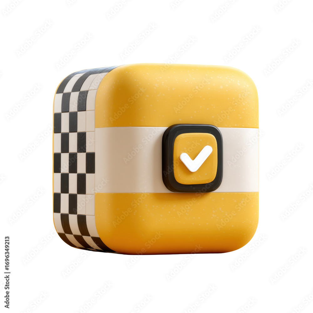 Aufkleber yellow and black checkerboard icon with a checkmark symbol on a modern cube design for digital inter