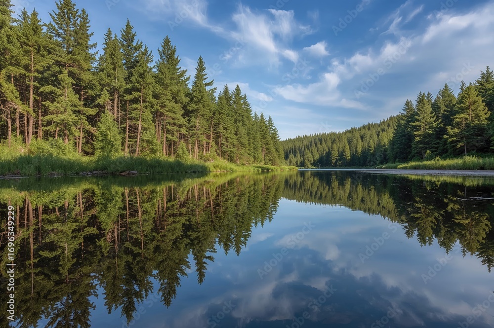 Poster reflection of trees in a river within a forest landscape