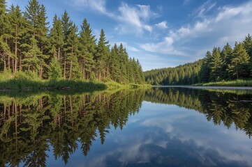 Reflection of Trees in a River within a Forest Landscape