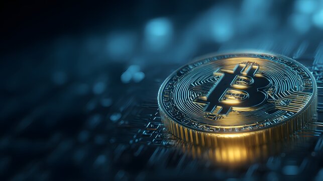 glowing bitcoin coin with futuristic blue background
