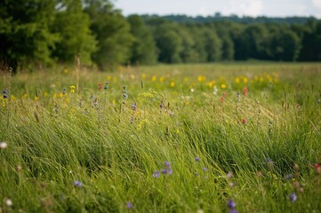 Summer meadow filled with wildflowers and lush green grass against a forest backdrop