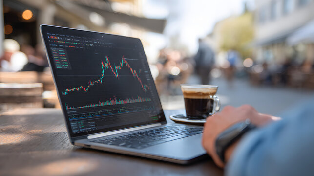trader analyzing crypto chart on laptop in bright cafe