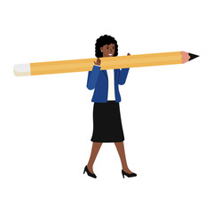 Creative professional carries oversized pencil through office environment showcasing imaginative skills, unique approach to work