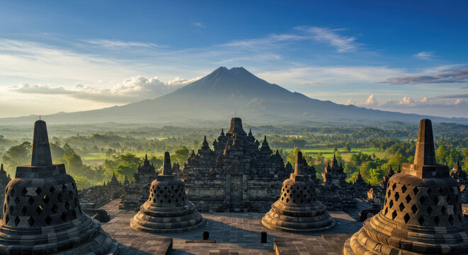Borobudur temple complex with Mount Merapi volcano in the background
