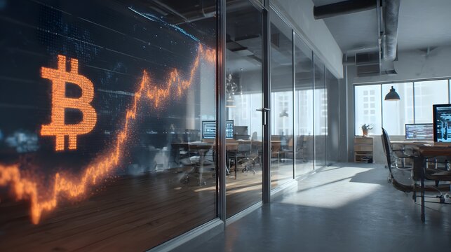 modern startup office with hologram bitcoin chart