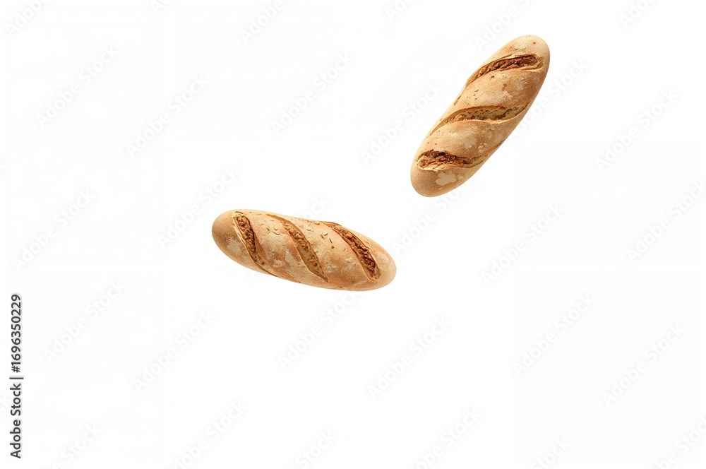 Poster loaf of bread dropping against a plain white backdrop with room for text