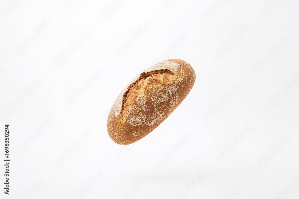 Poster loaf of bread dropping against a plain white backdrop with room for text