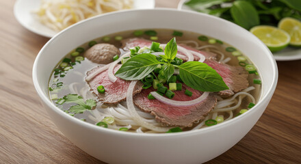 Bowl of pho with beef noodles herbs onion and broth