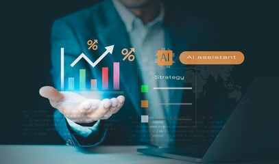 Businessmen use agentic AI assistants to Help Analyze Information graph with percentage, offer...