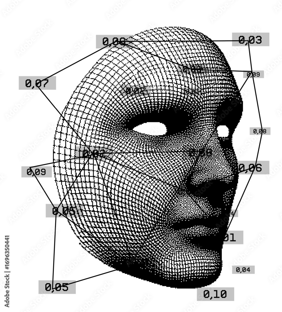 Poster cyberpunk vector illustration features a pixelated human face merged with a neural network diagram, 