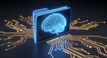 Futuristic Holographic AI Brain with Digital Folder, Data Circuits, Cloud Storage, Cybersecurity, DNA Integration, and Sci-Fi Neural Networks Concept Art