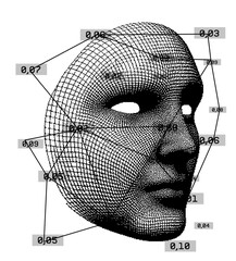 Cyberpunk vector illustration features a pixelated human face merged with a neural network diagram, highlighting AI, technology, and digital connectivity through geometric lines and dots.