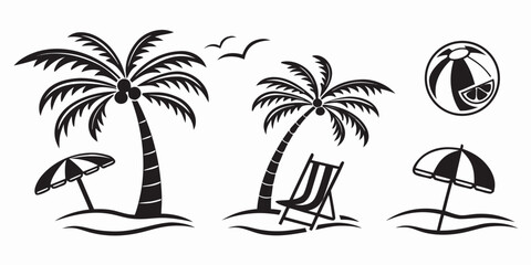 Tropical Beach Scene Icons with Palm Trees and Umbrellas.