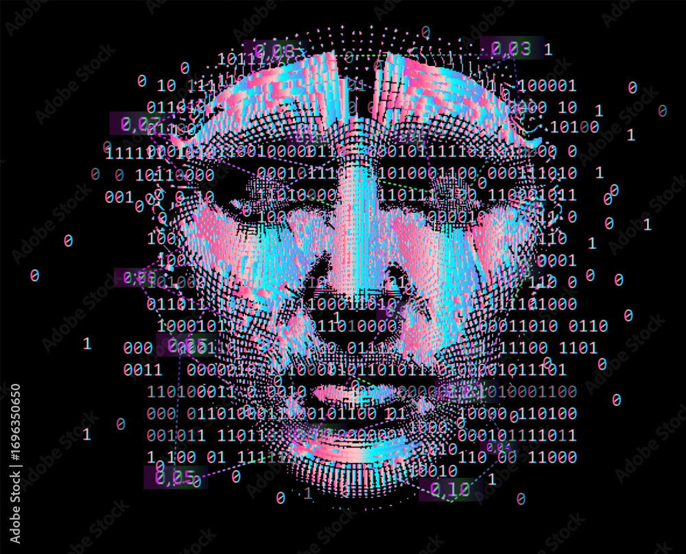Poster glitch-art vector style, digital face composed of binary code, dots, and glitchy pink, blue, white h