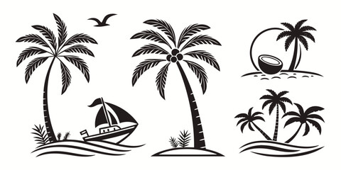 Obraz premium Tropical Island Palm Trees and Sailboat Vector Graphics.