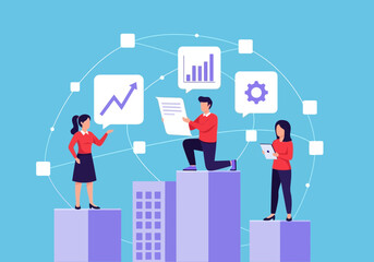 Naklejka premium Vector art of three business professionals standing on abstract building blocks, discussing growth charts and gears, representing progress and development