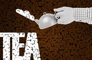 Hand Holding Teapot with Steam and Tea Text on Abstract Brown Background