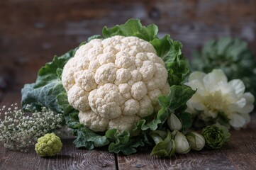 Fresh cauliflower surrounded by leaves on an old wooden surface, selective focus