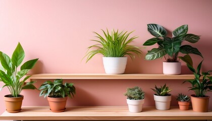 Obraz premium indoor plants on wooden shelves against a soft pink wall with natural light potted plants
